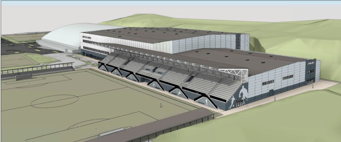 SLIK vil anlegget se ut fra nordsiden. Vestlandshallen lengst til venstre.